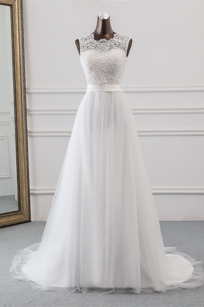 Elegant A-line Jewel Wedding Dress with Tulle and Appliques Lace-BallBride