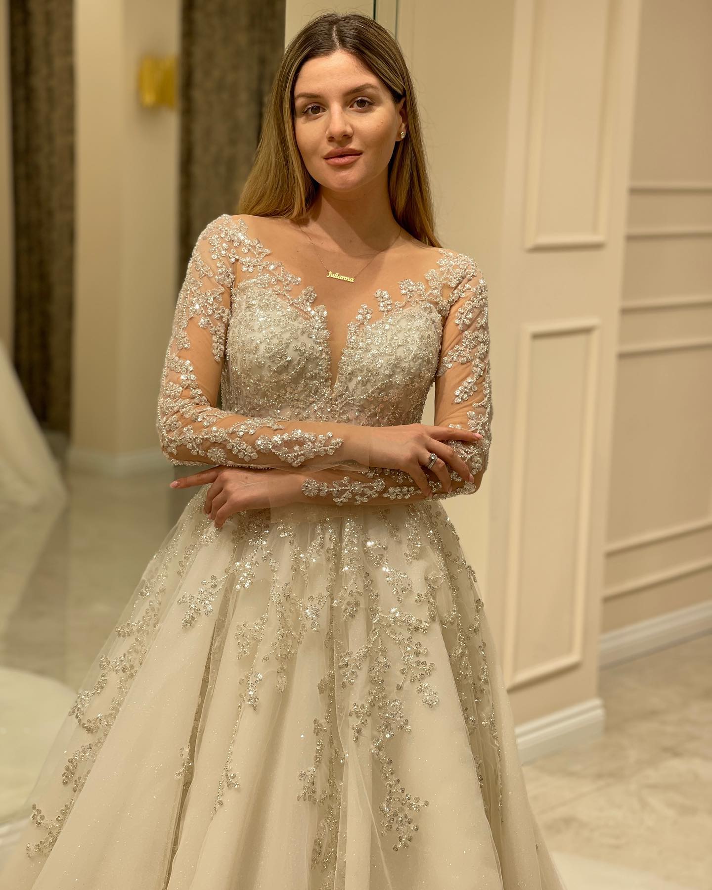Elegant A-line Lace Appliques Wedding Dress with Long Sleeves-BallBride
