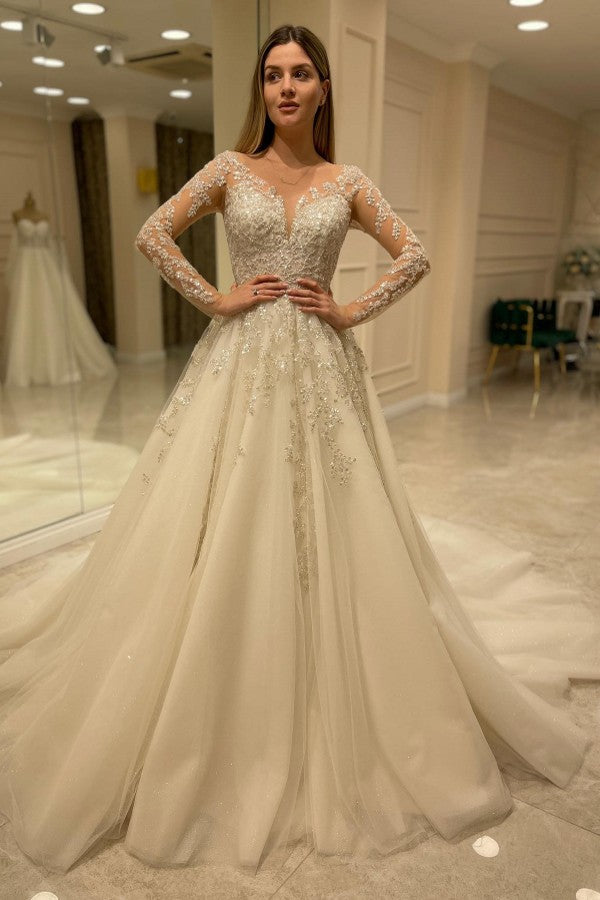 Elegant A-line Lace Appliques Wedding Dress with Long Sleeves-BallBride