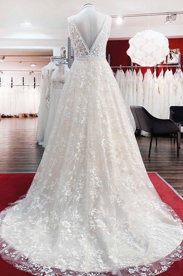 Elegant A-Line Lace Wedding Dress with Long Appliques Tulle Open Back-BallBride