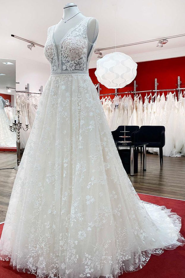 Elegant A-Line Lace Wedding Dress with Long Appliques Tulle Open Back-BallBride