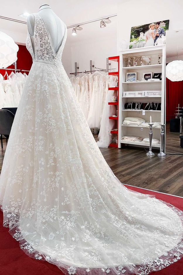 Elegant A-Line Lace Wedding Dress with Long Appliques Tulle Open Back-BallBride
