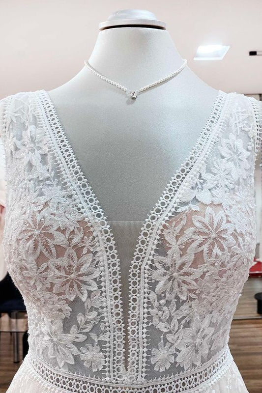 Elegant A-Line Lace Wedding Dress with Long Appliques Tulle Open Back-BallBride