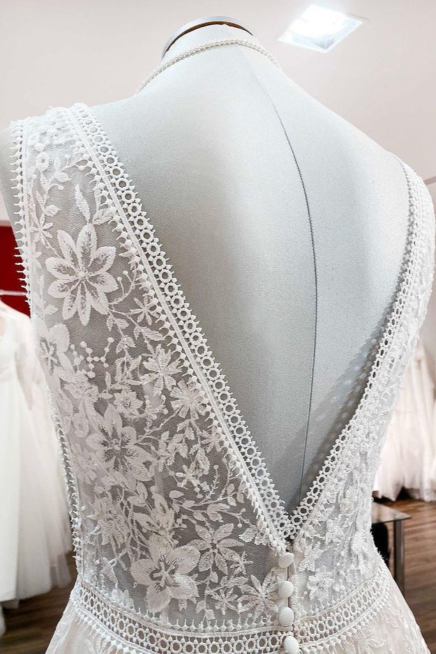 Elegant A-Line Lace Wedding Dress with Long Appliques Tulle Open Back-BallBride
