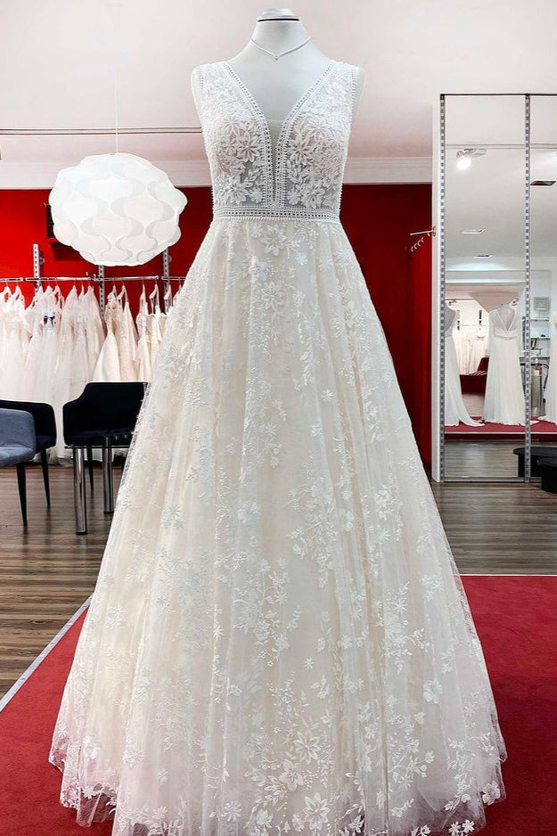 Elegant A-Line Lace Wedding Dress with Long Appliques Tulle Open Back-BallBride