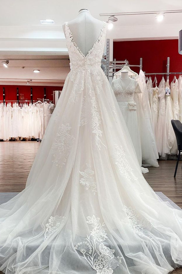 Elegant A-Line Lace Wedding Dress With Open Back and Appliques-BallBride