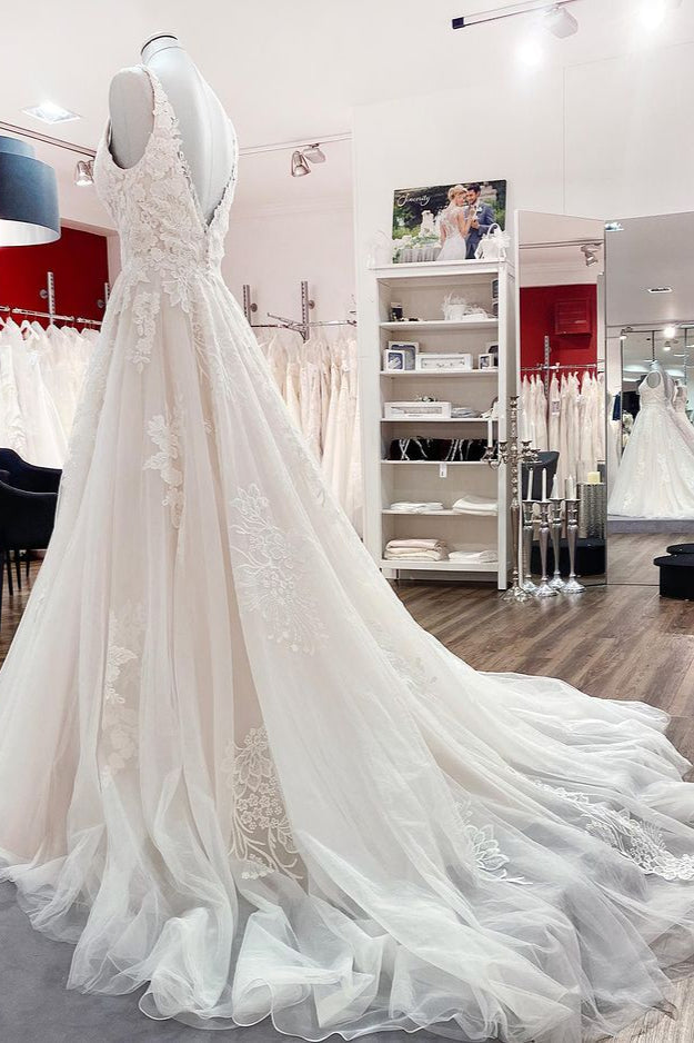 Elegant A-Line Lace Wedding Dress With Open Back and Appliques-BallBride
