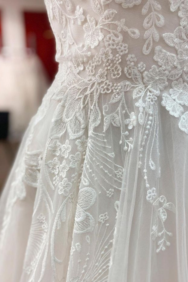 Elegant A-Line Lace Wedding Dress With Open Back and Appliques-BallBride