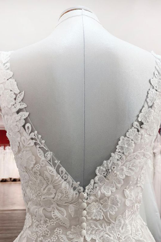 Elegant A-Line Lace Wedding Dress With Open Back and Appliques-BallBride