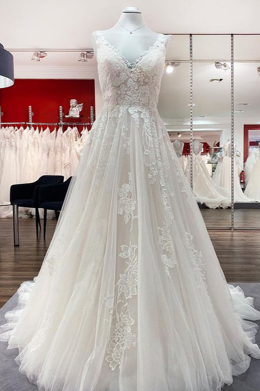 Elegant A-Line Lace Wedding Dress With Open Back and Appliques-BallBride