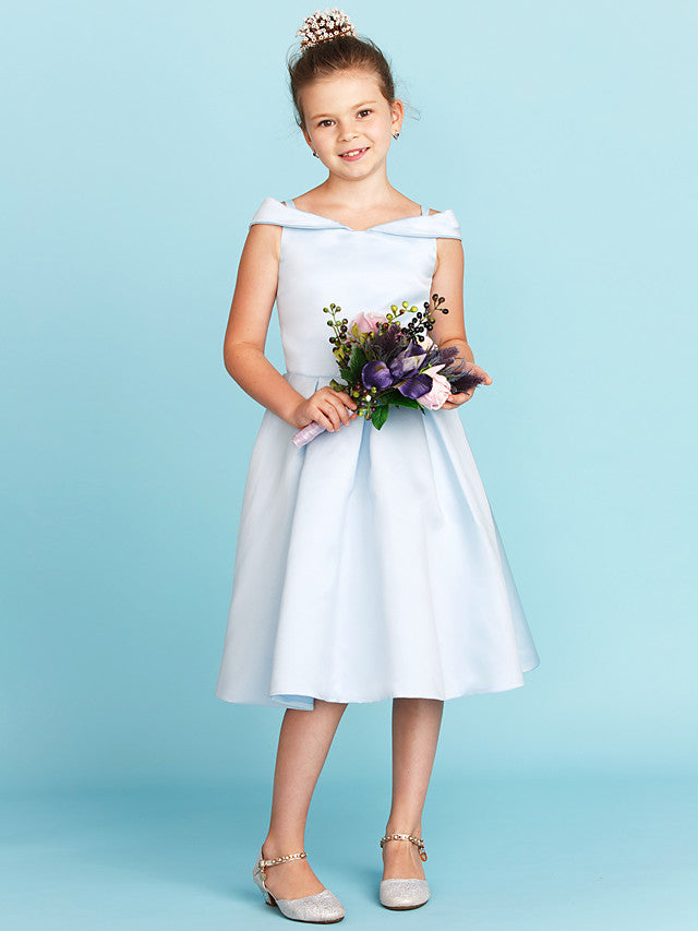 Elegant A-Line Off Shoulder Satin Junior Flower Girl Dress With Pleats for Princesses-BallBride