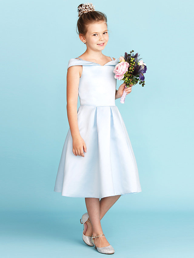 Elegant A-Line Off Shoulder Satin Junior Flower Girl Dress With Pleats for Princesses-BallBride