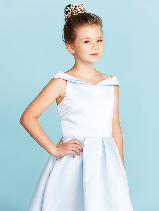 Elegant A-Line Off Shoulder Satin Junior Flower Girl Dress With Pleats for Princesses-BallBride