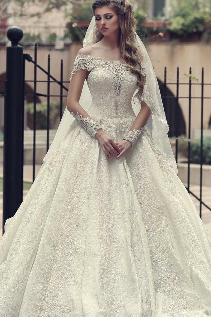 Elegant A-Line Off-the-Shoulder Wedding Dress with Appliques Lace-BallBride