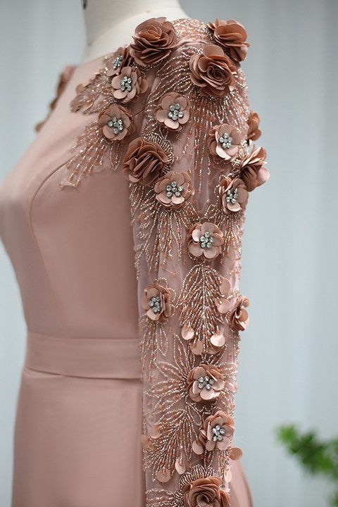 Elegant A Line Prom Dress with Long Sleeves and Flower Appliques-BallBride