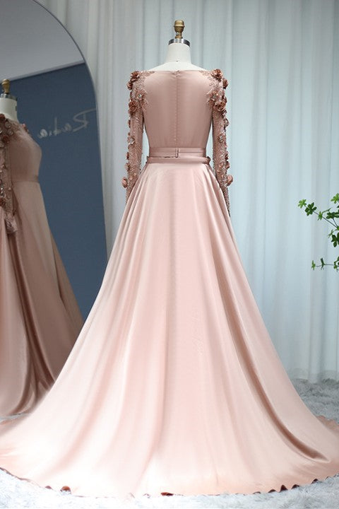 Elegant A Line Prom Dress with Long Sleeves and Flower Appliques-BallBride