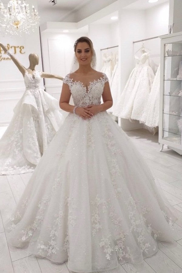 Elegant A-Line Ruffles Tulle Floor-length Wedding Dress With Appliques Lace-BallBride
