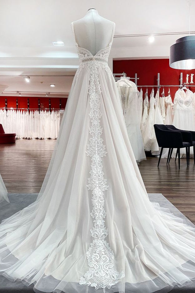 Elegant A-Line Ruffles Tulle Lace Open Back Long Wedding Dress-BallBride