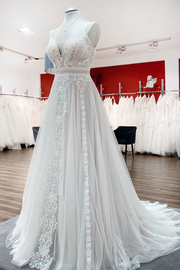 Elegant A-Line Ruffles Tulle Lace Open Back Long Wedding Dress-BallBride