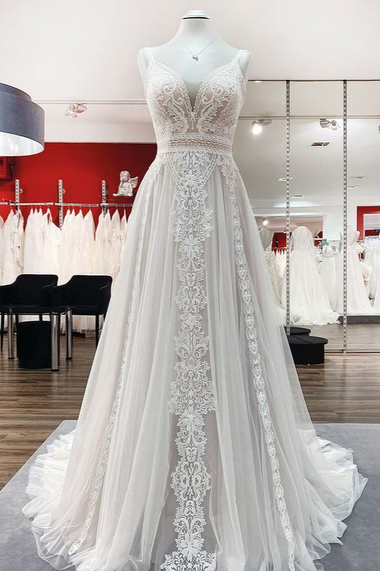 Elegant A-Line Ruffles Tulle Lace Open Back Long Wedding Dress-BallBride