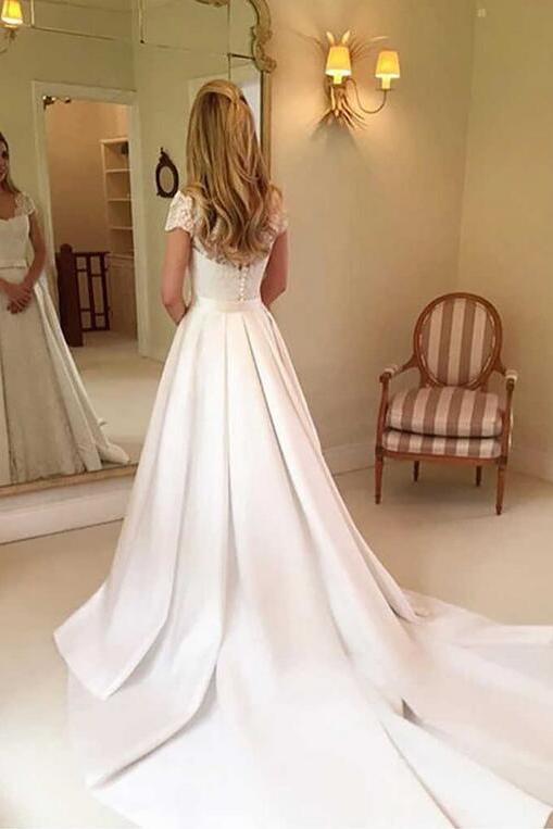 Elegant A-line Satin Brush Train Long Wedding Dress With Sleeves-BallBride