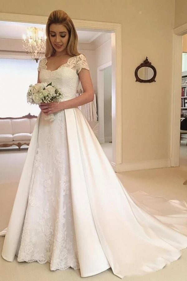 Elegant A-line Satin Brush Train Long Wedding Dress With Sleeves-BallBride