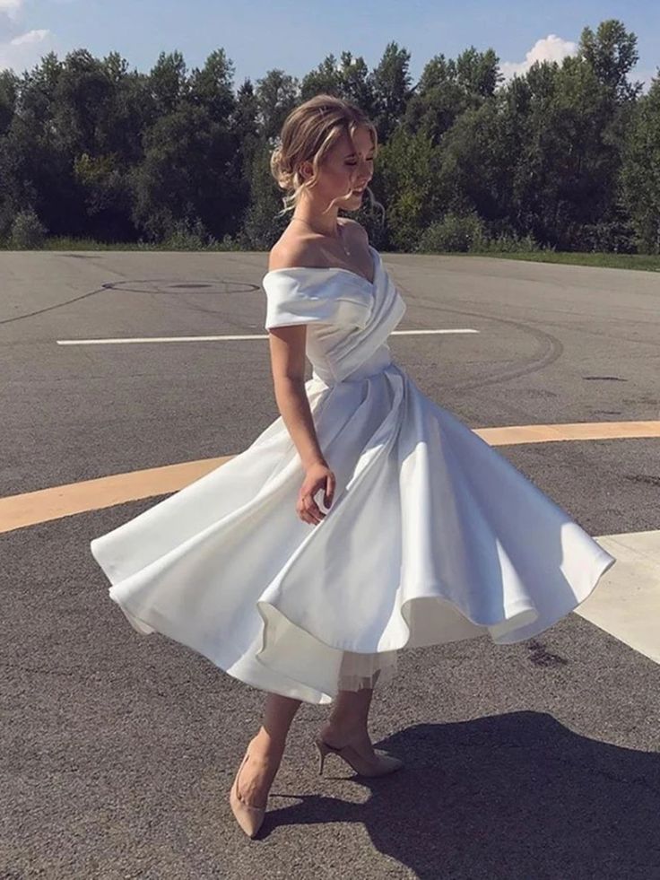 Elegant A-line Satin Off-The-Shoulder Short Wedding Dress-BallBride