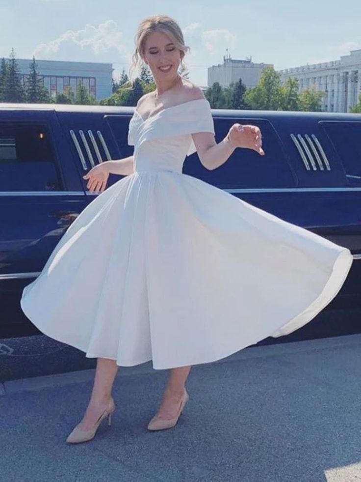 Elegant A-line Satin Off-The-Shoulder Short Wedding Dress-BallBride