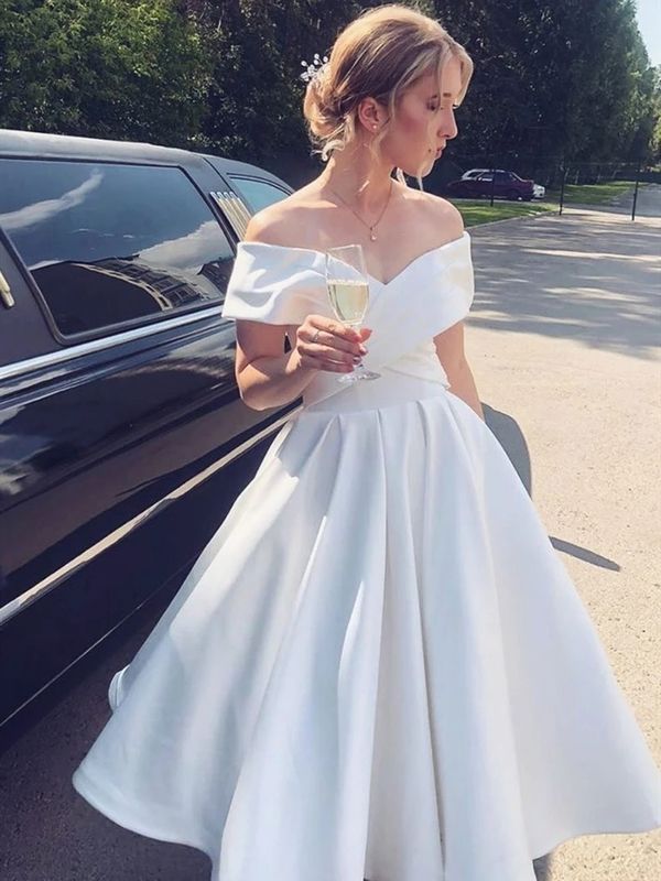Elegant A-line Satin Off-The-Shoulder Short Wedding Dress-BallBride