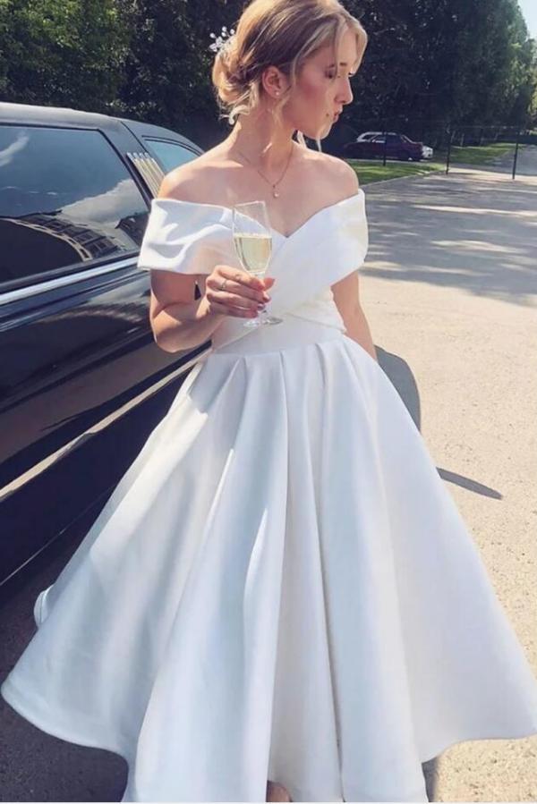 Elegant A-line Satin Off-The-Shoulder Short Wedding Dress-BallBride