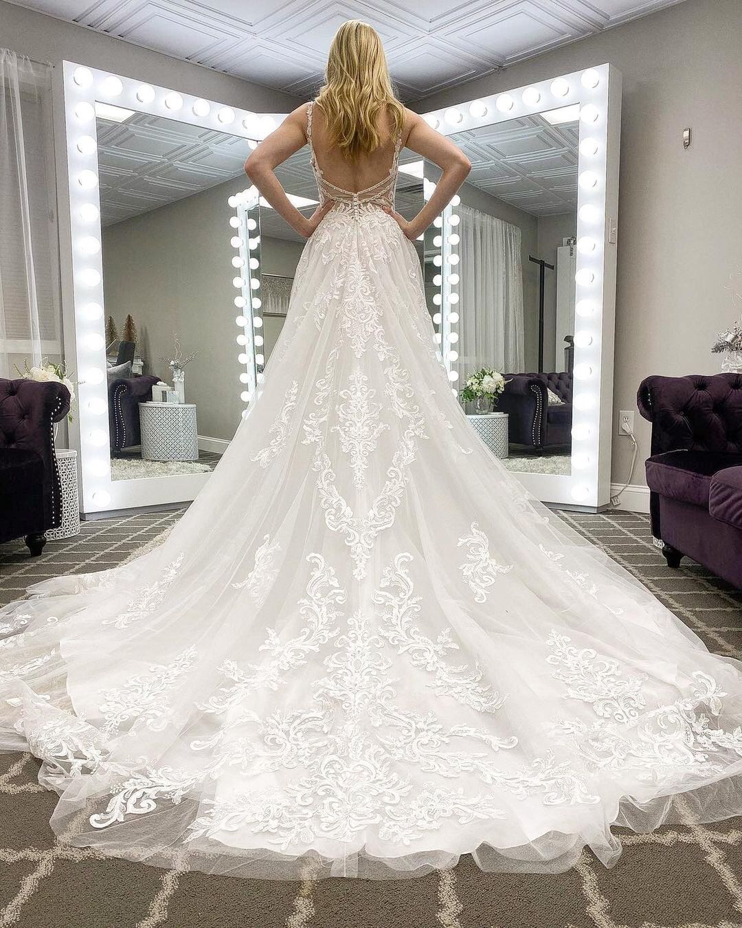 Elegant A-line Spaghetti Straps Deep V-neck Train Wedding Dress with Appliques Lace Tulle-BallBride