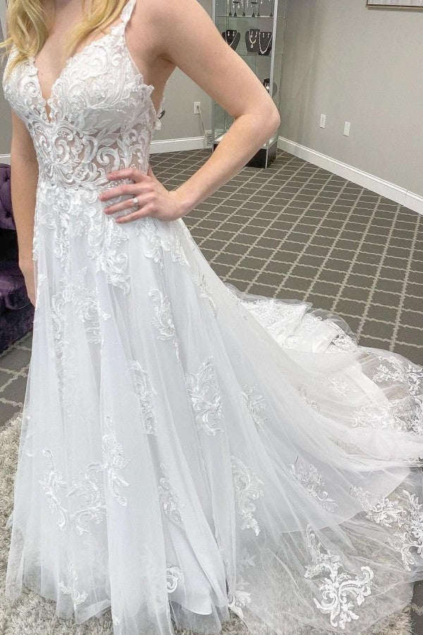 Elegant A-line Spaghetti Straps Deep V-neck Train Wedding Dress with Appliques Lace Tulle-BallBride