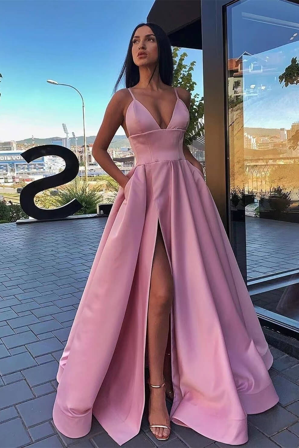 Elegant A Line Split Evening Dress with Spaghetti-Straps & Pockets-BallBride