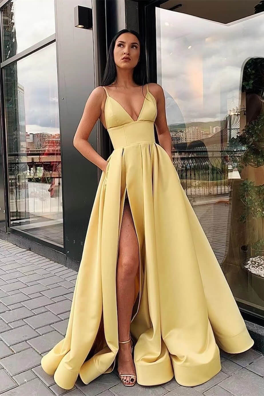 Elegant A Line Split Evening Dress with Spaghetti-Straps & Pockets-BallBride