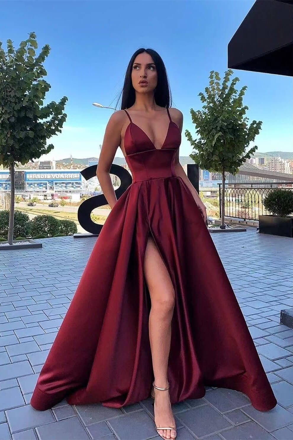 Elegant A Line Split Evening Dress with Spaghetti-Straps & Pockets-BallBride