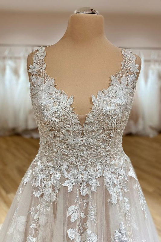 Elegant A-Line Sweetheart Tulle Ruffles Long Wedding Dress With Appliques Lace-BallBride