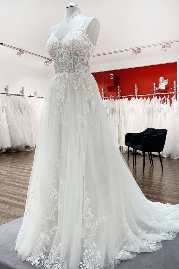Elegant A-Line V-Neck Lace Wedding Dress With Tulle Spaghetti-Straps-BallBride