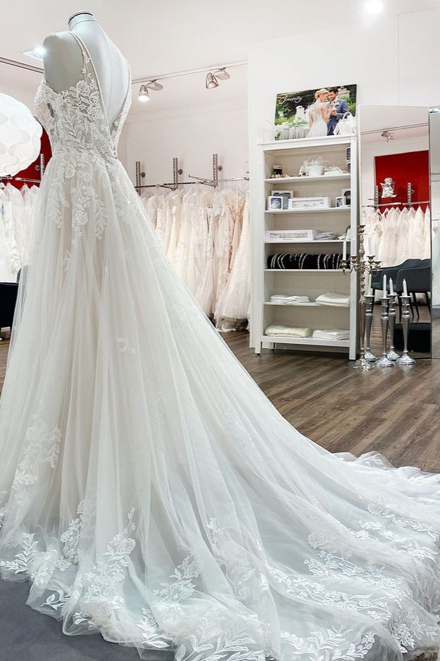 Elegant A-Line V-Neck Lace Wedding Dress With Tulle Spaghetti-Straps-BallBride