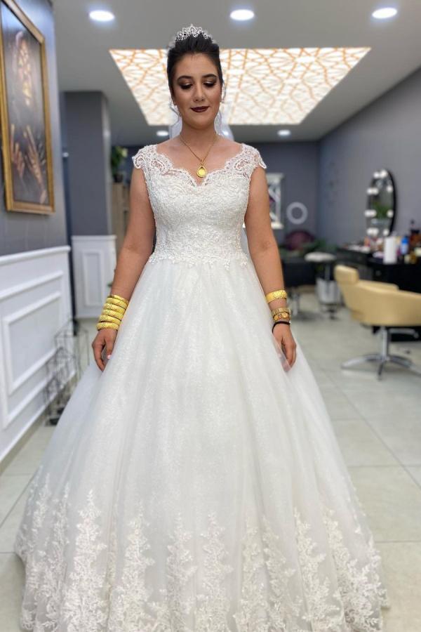 Elegant A-Line V-Neck Long Wedding Dress With Lace Tulle-BallBride