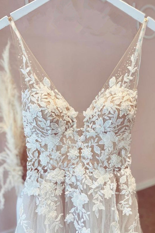 Elegant A-line V-neck Open Back Wedding Dress With Tulle Appliques Lace-BallBride