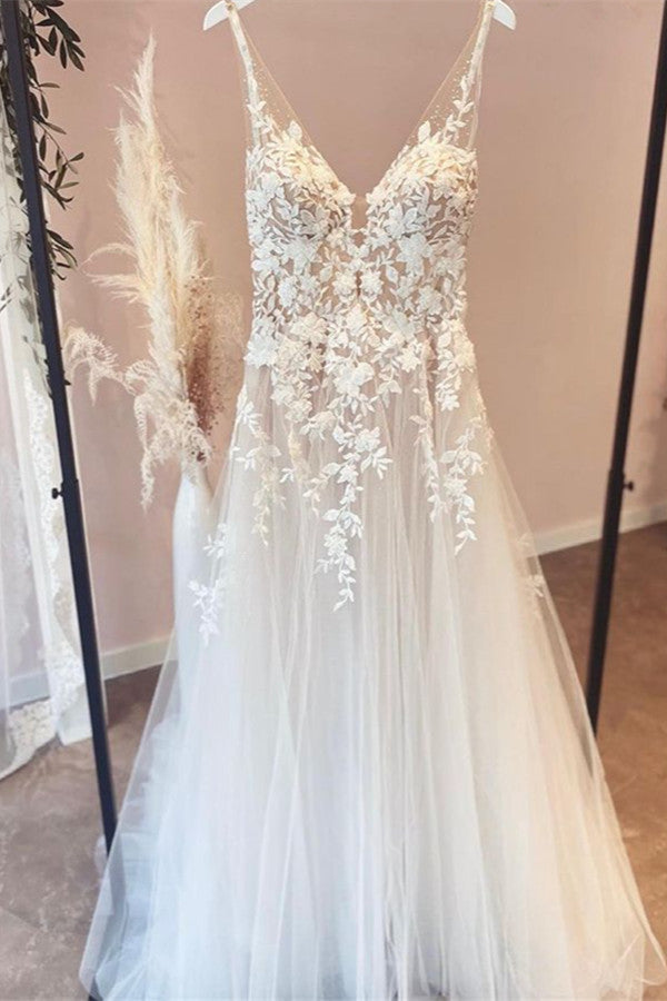 Elegant A-line V-neck Open Back Wedding Dress With Tulle Appliques Lace-BallBride