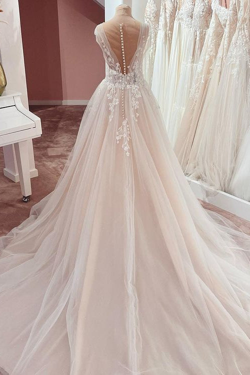 Elegant A-Line Wedding Dress with Wide Straps and Lace Appliques-BallBride