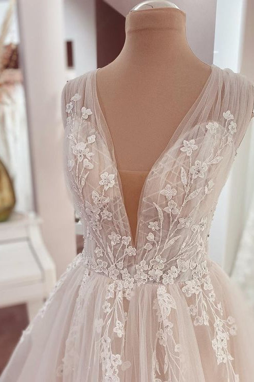 Elegant A-Line Wedding Dress with Wide Straps and Lace Appliques-BallBride