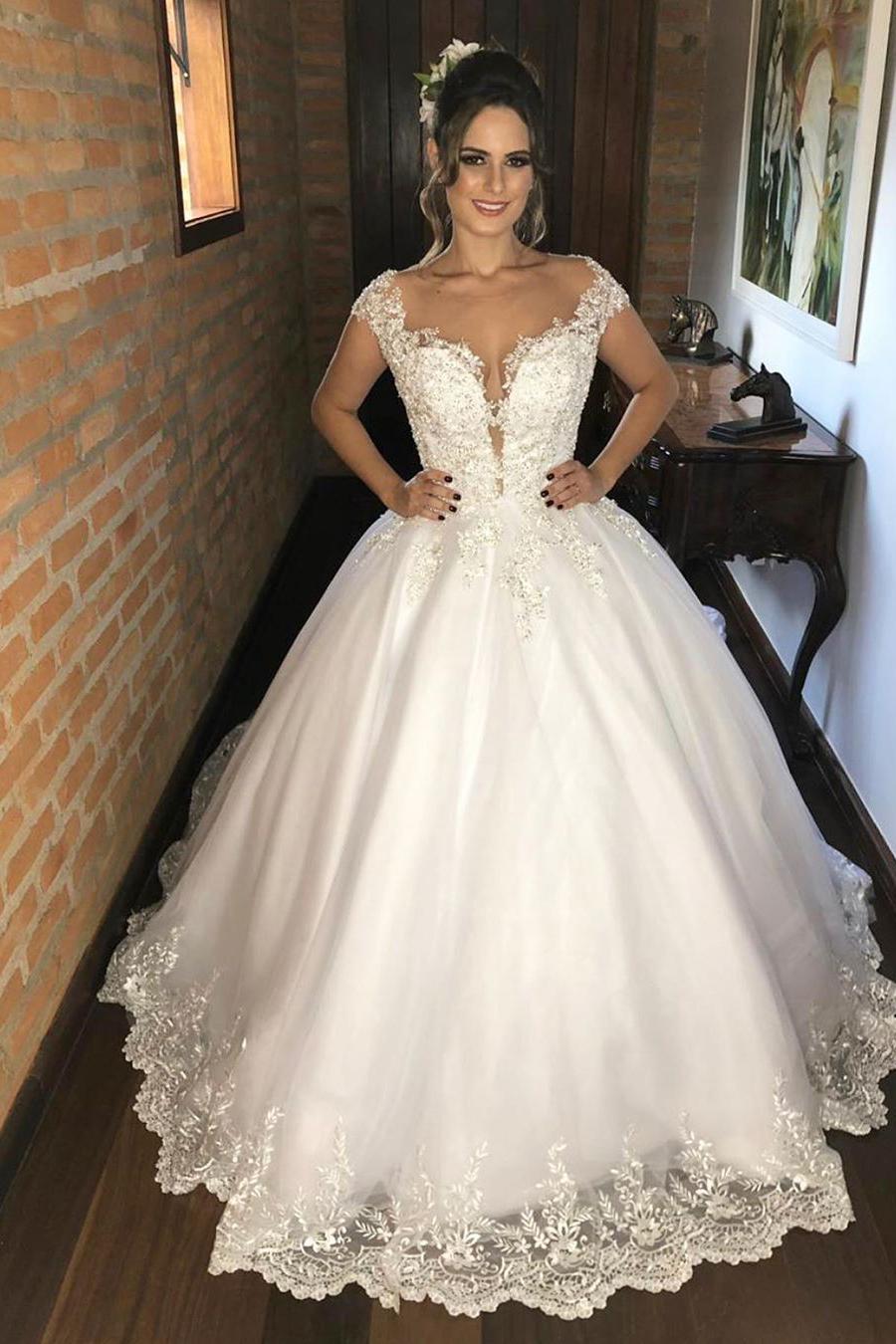 Elegant Applique Straps Lace V-neck Floor-length Wedding Dress-BallBride