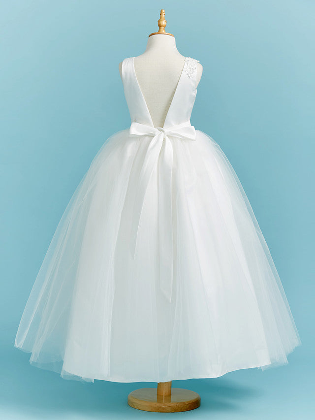 Elegant Ball Gown Crew Neck Floor Length Lace Tulle Flower Girl Dress With Sash Ribbon Pleats Beading-BallBride