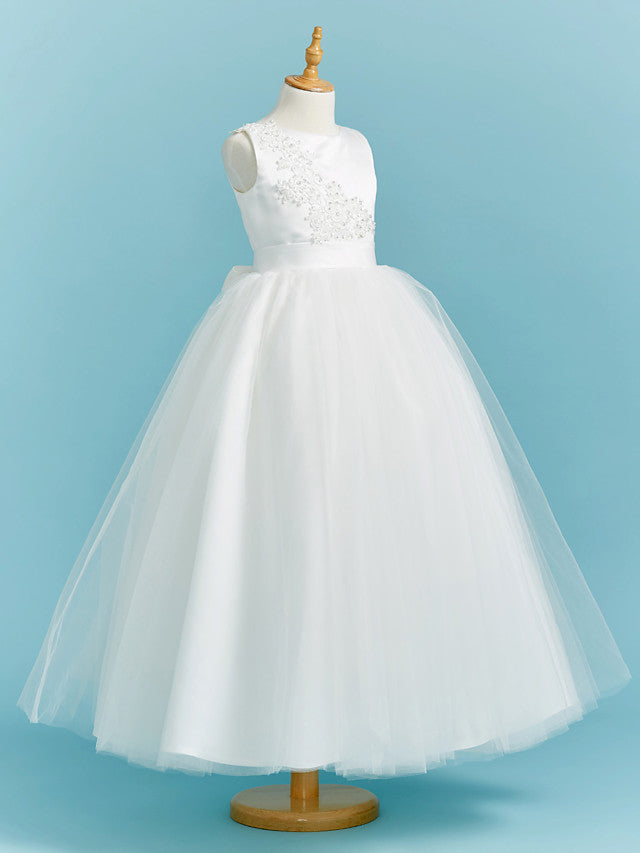 Elegant Ball Gown Crew Neck Floor Length Lace Tulle Flower Girl Dress With Sash Ribbon Pleats Beading-BallBride