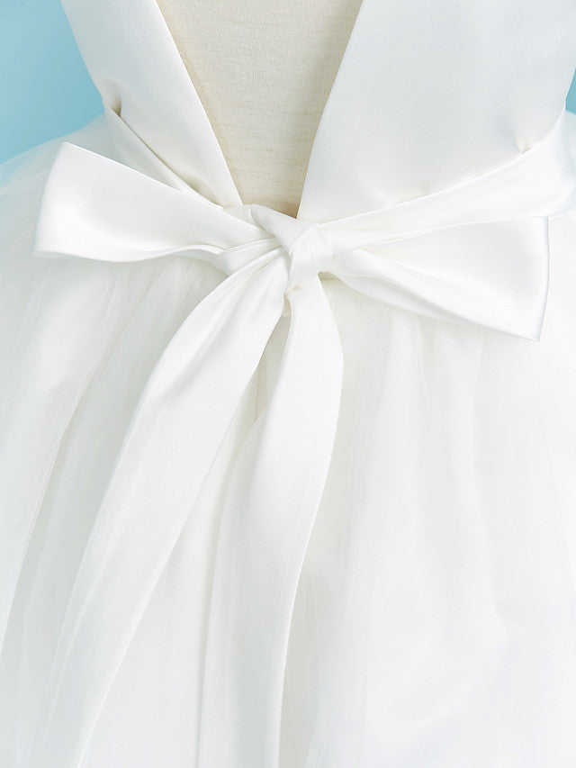 Elegant Ball Gown Crew Neck Floor Length Lace Tulle Flower Girl Dress With Sash Ribbon Pleats Beading-BallBride