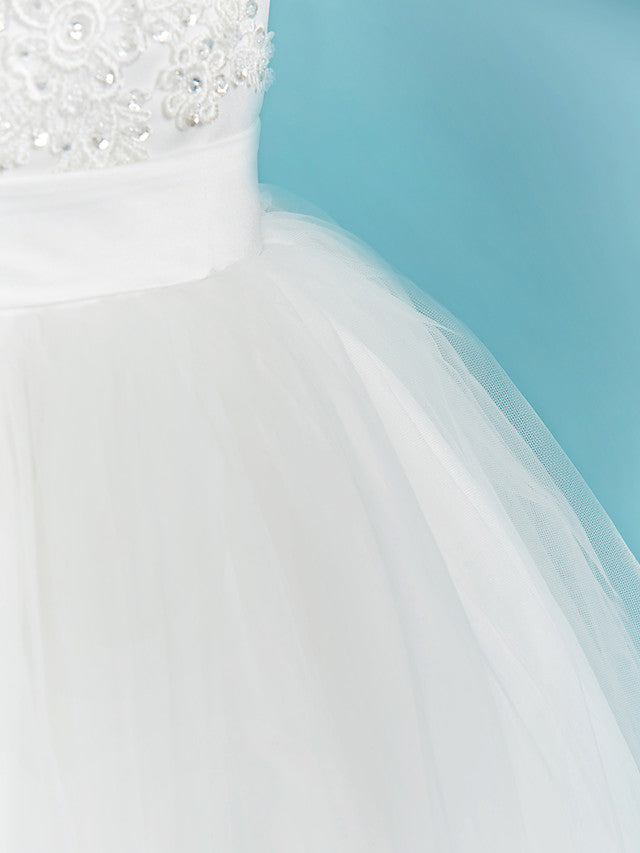 Elegant Ball Gown Crew Neck Floor Length Lace Tulle Flower Girl Dress With Sash Ribbon Pleats Beading-BallBride