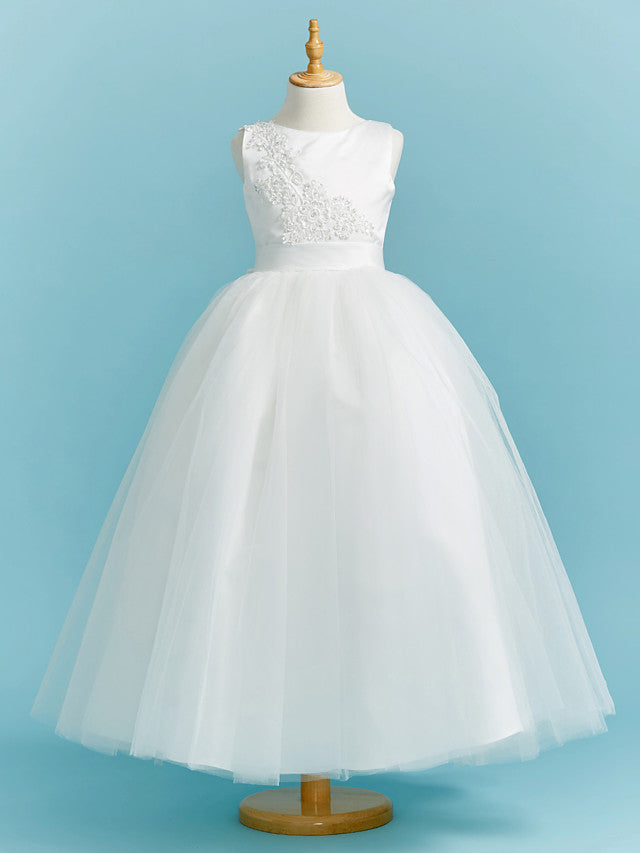 Elegant Ball Gown Crew Neck Floor Length Lace Tulle Flower Girl Dress With Sash Ribbon Pleats Beading-BallBride