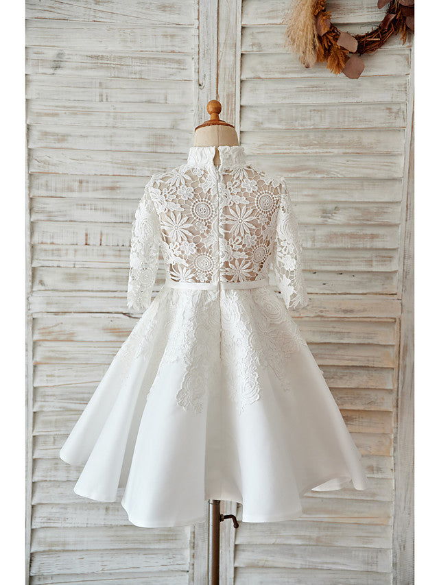 Elegant Ball Gown Long Sleeve High Neck Flower Girl Dress with Lace Tulle Bows and Sash Ribbon-BallBride